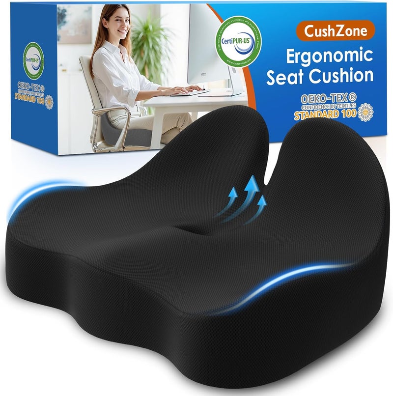 CushZone Seat Cushion, Memory Foam Office Chair Cushions, Ergonomic Curved Design for Sciatica, Tailbone, Coccyx, Seat Support for Car, Desk Chair, Wheelchair, Enhances Long Sitting Comfort (Black) - Image 1